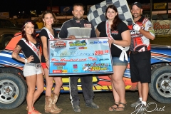 Eagle 09-05-15 IMCA Nationals 593 Mark MC Kinney with 2015 Miss Eagle Raceway finalist Kayla Meidinger Zoe Dalton Robin Brunison and flagman Billy