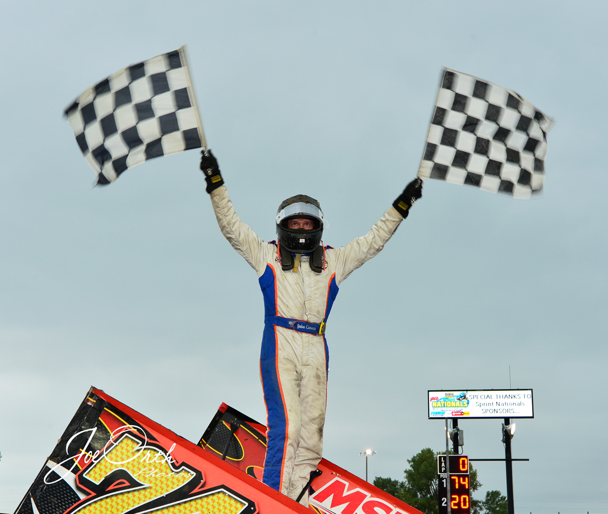 Olsen, Andersen and Carney see victory lane during the Racesaver IMCA Sprint Nationals finale