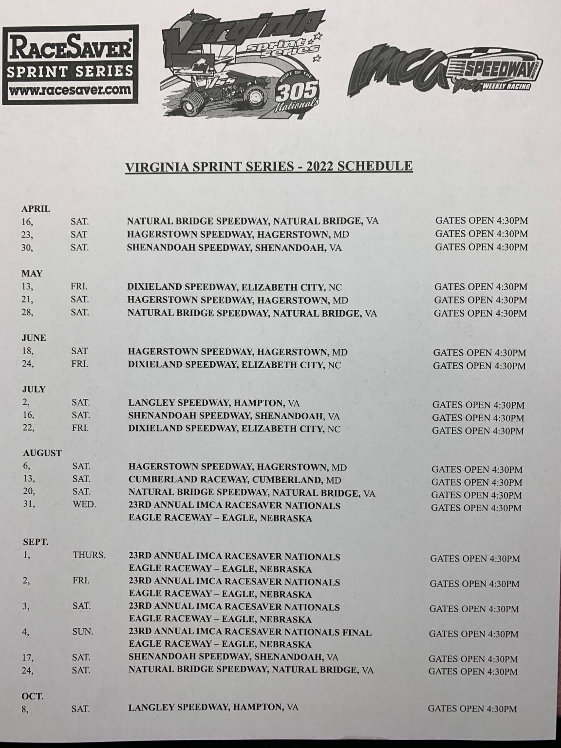 Virginia Sprint Series (VSS) 2022 Schedule RACEsaver Sprint Series