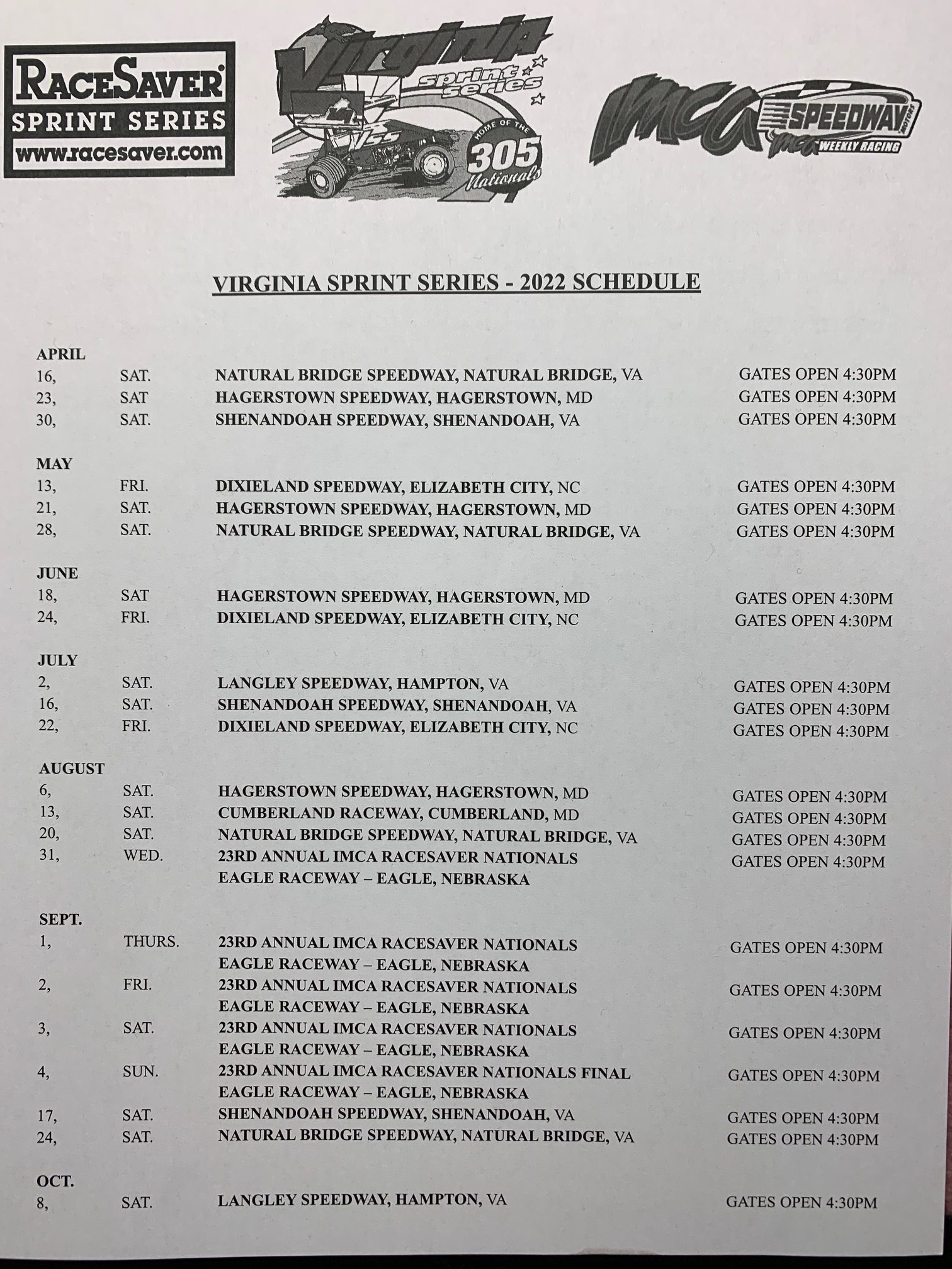 Virginia Sprint Series (VSS) 2022 Schedule