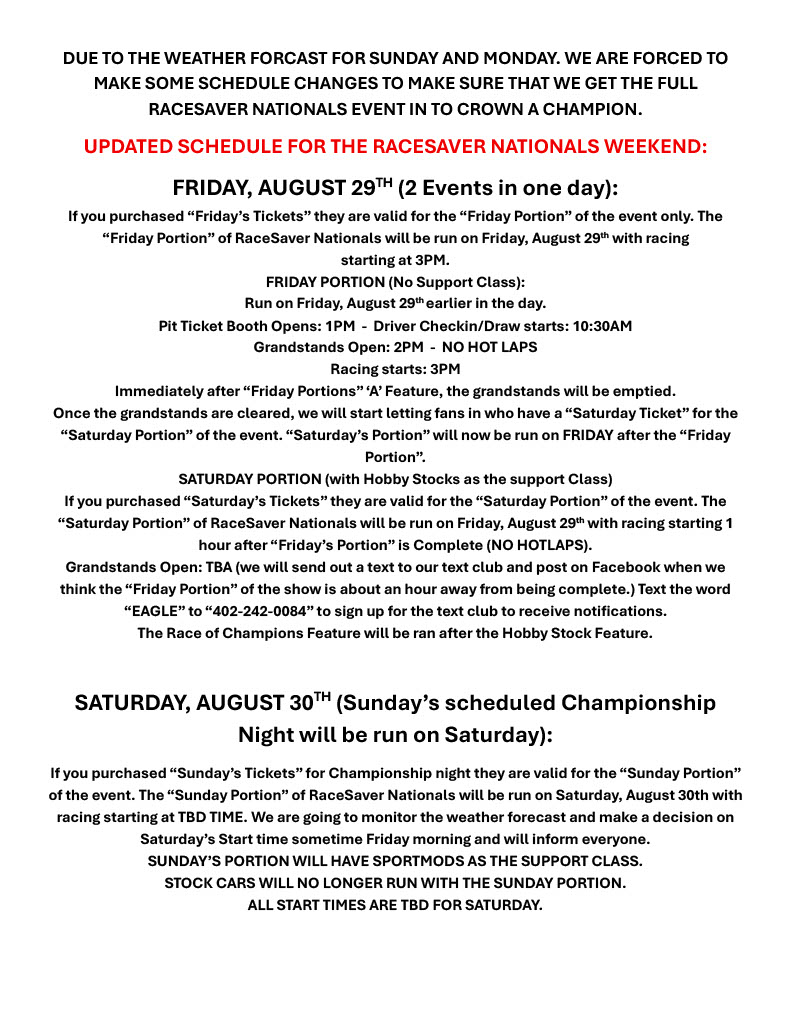 IMPORTANT RACESAVER NATIONALS SCHEDULE CHANGE INFO!
