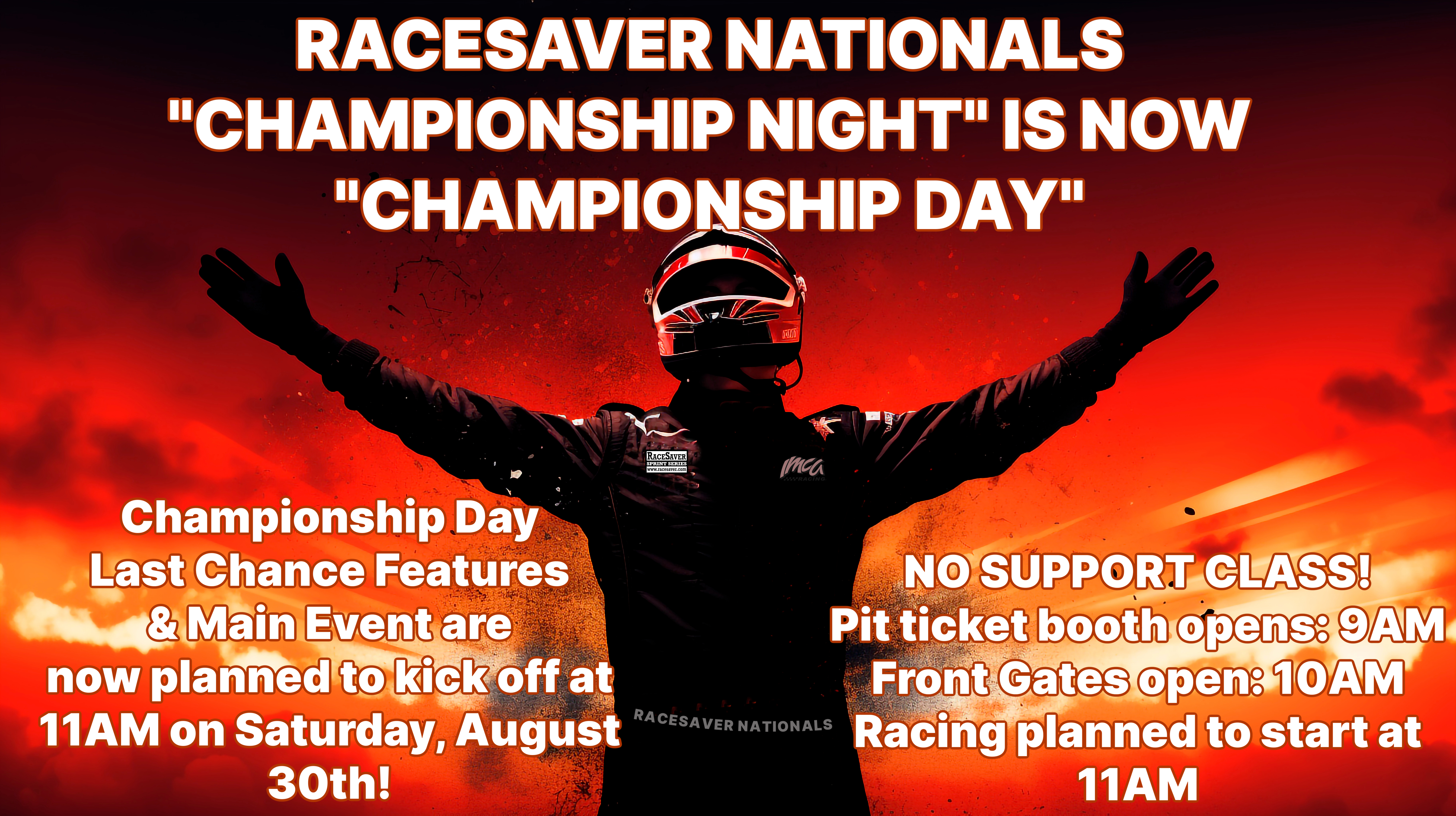 CHAMPIONSHIP DAY FOR RACESAVER NATIONALS IS PLANNED SATURDAY @ 11AM
